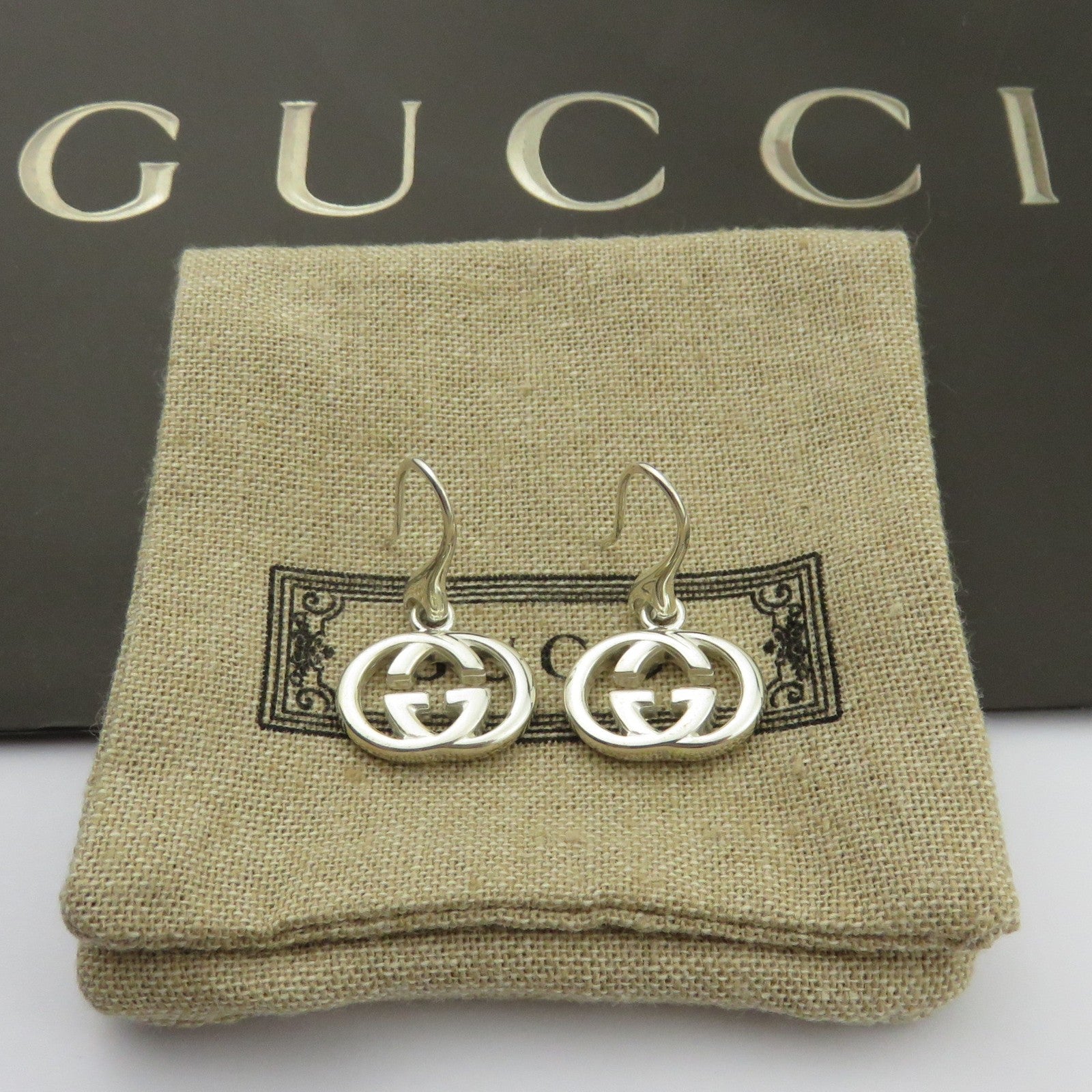 Gucci 925 Sterling Silver Interlocking G Dangle Earrings Authentic w/ Pouch Bag