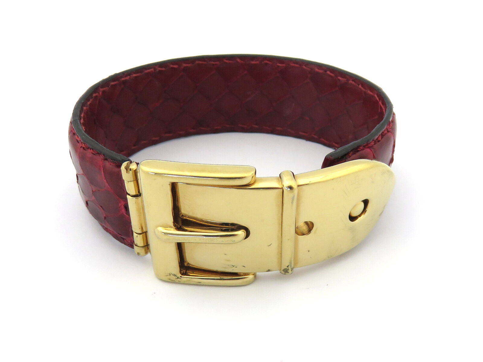 GUCCI Red Leather Gold Tone Metal Belt Bangle Bracelet