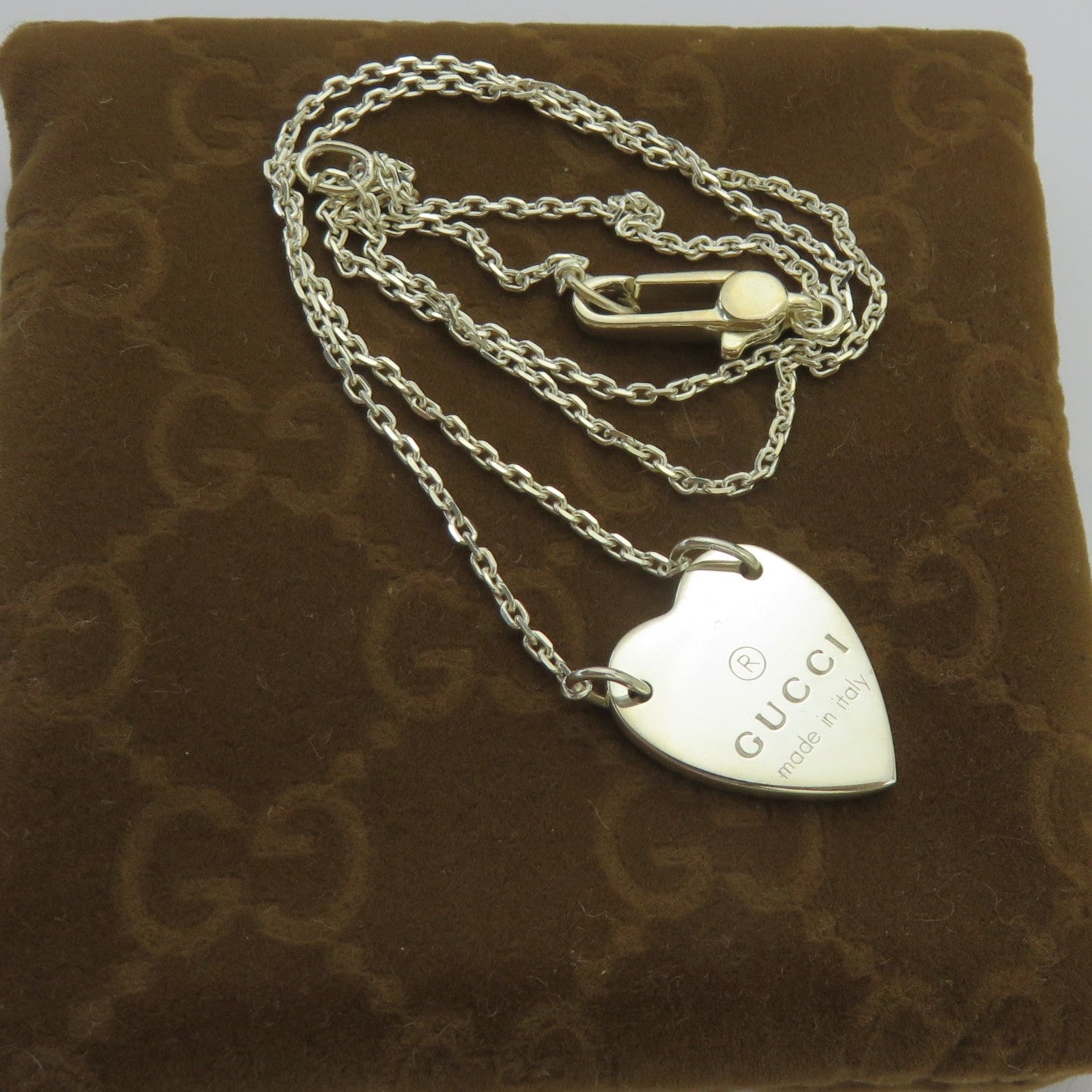 Gucci 925 Sterling Silver Trademark Heart Pendant Necklace Authentic with Pouch
