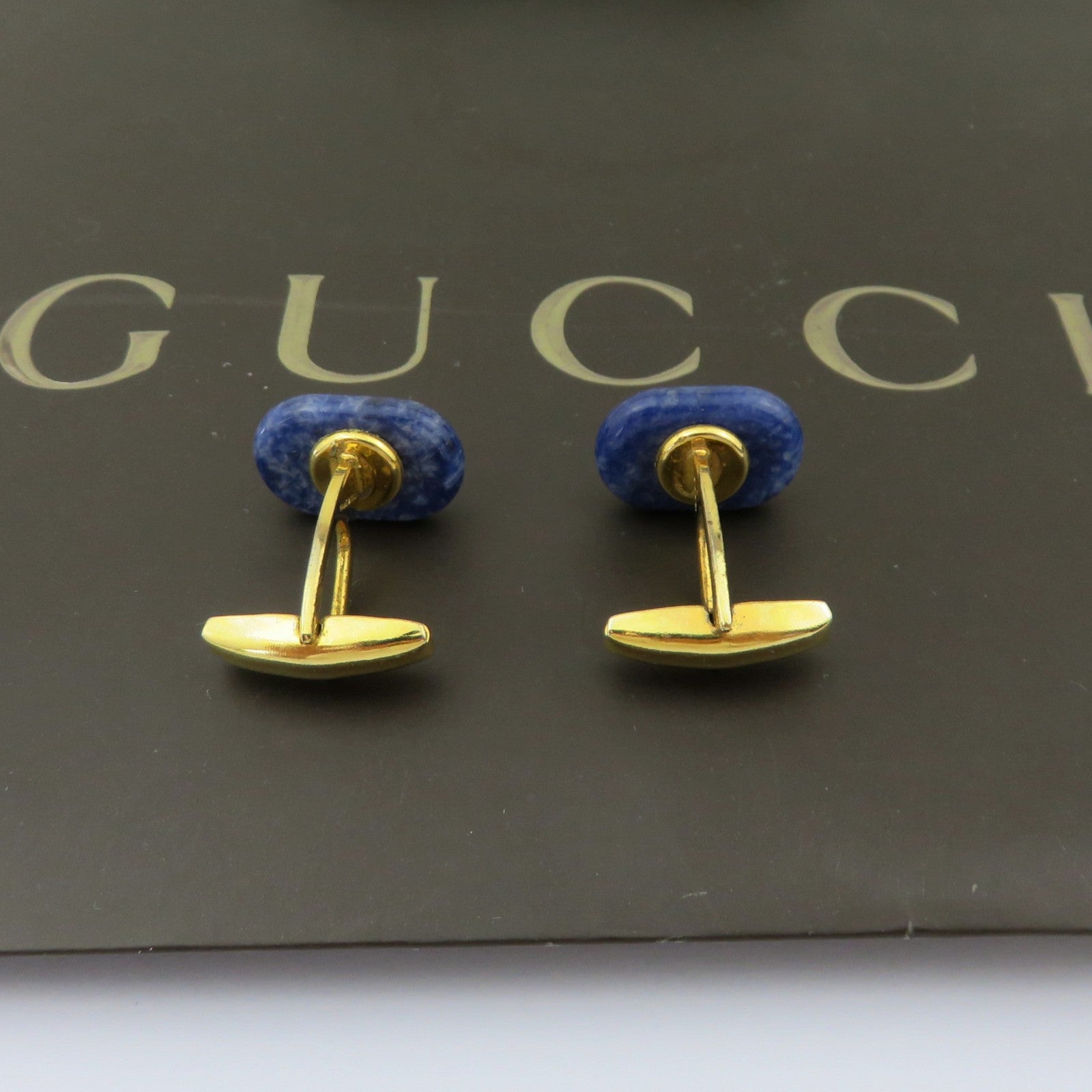 Gucci Vintage Gold Tone Metal Blue Stone GG Logo Cufflinks Made in Italy Rare