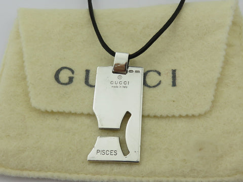 Gucci Sterling Silver Pisces Pendant Black Leather Cord Unisex Necklace