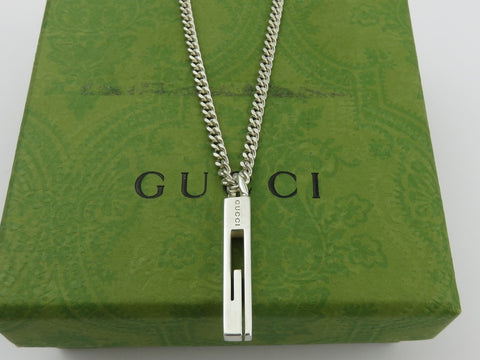 Gucci Sterling Silver Stencil G Logo Chain Link Unisex Pendant Necklace