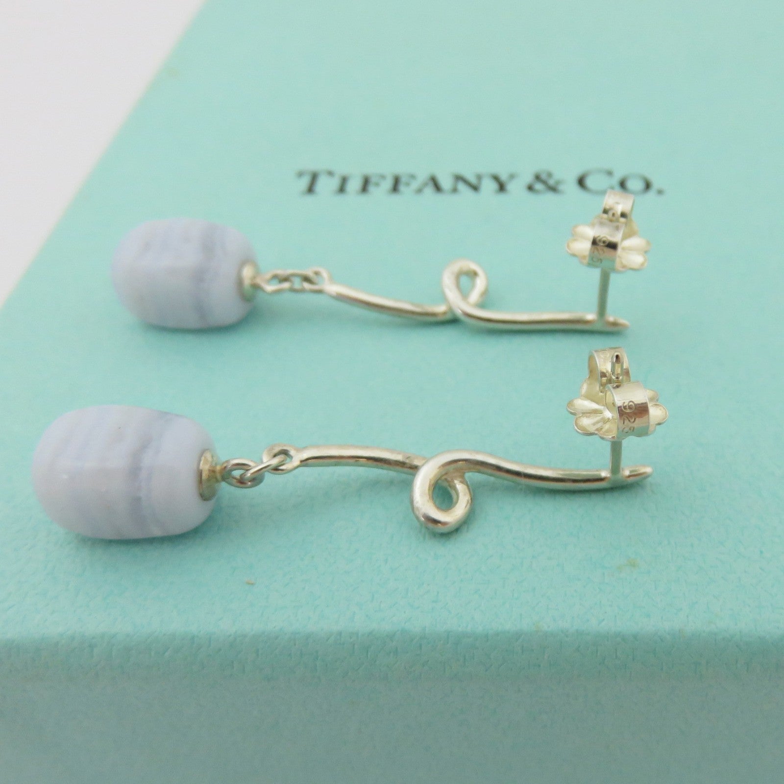 TIFFANY & CO 925 Silver Blue Lace Agate Twist Dangle Drop Earring with Box Rare