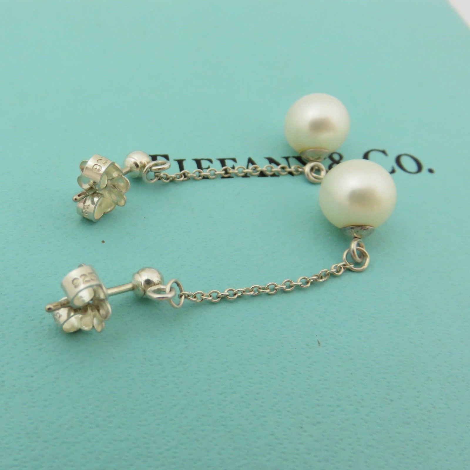TIFFANY & CO 925 Silver Ziegfeld Fresh Water Pearl Drop Earrings with Box