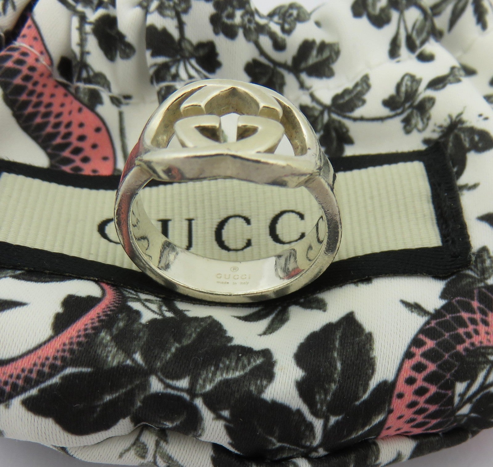 GUCCI 925 Sterling Silver Interlocking G Ring Size 5 Made in Italy with Pouch