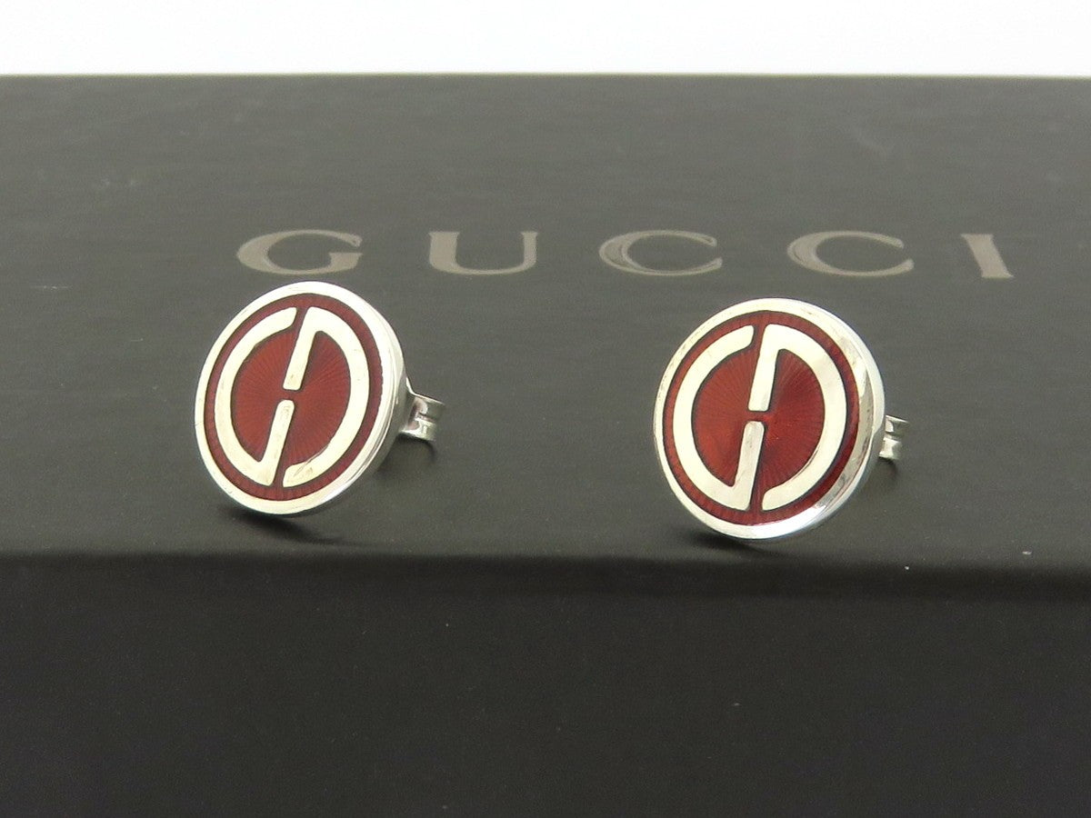 Gucci Sterling Silver Red Enamel GG Round Earrings Rare Price Includes US Tariff