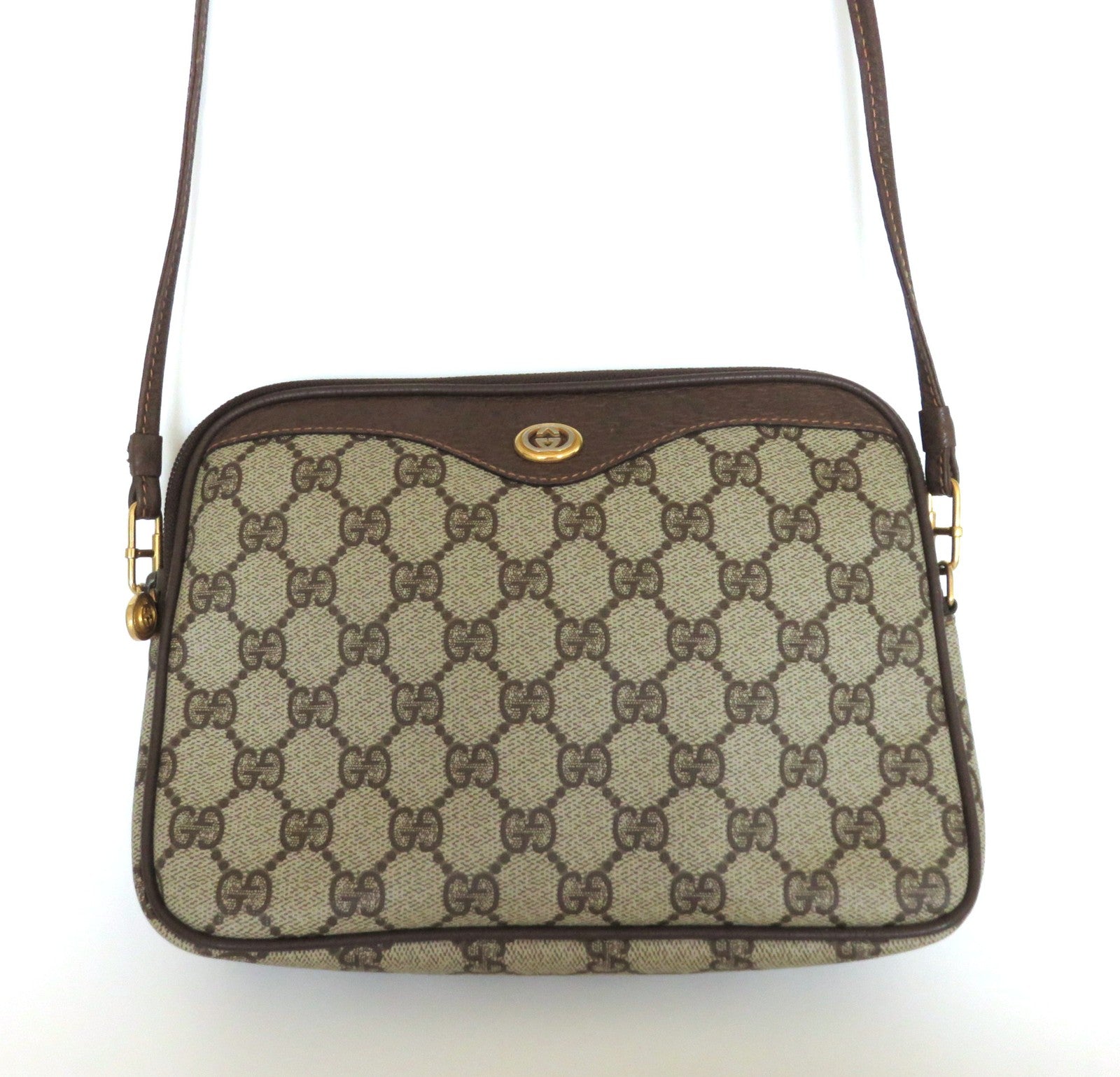 GUCCI Vintage Brown GG Monogram Canvas Leather Cross Body Bag Purse Authentic