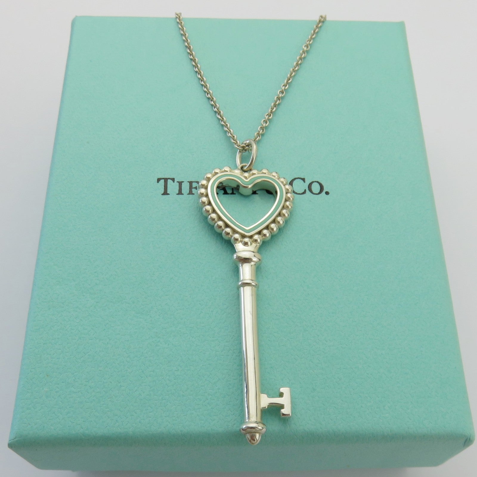 Tiffany & Co 925 Silver Blue Enamel Large Beaded Heart Key Pendant Necklace