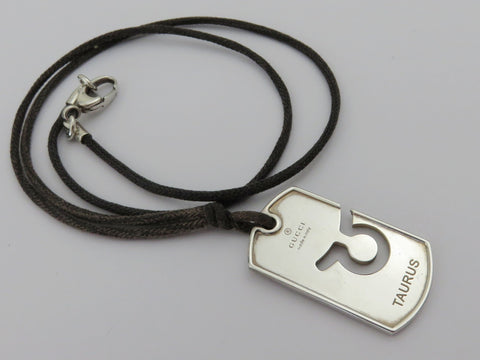 Gucci Sterling Silver Taurus Pendant Brown Cord Unisex Pendant Necklace