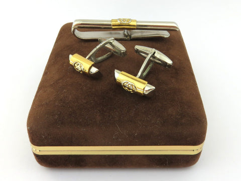 Gucci Vintage Gold Silver Tone Metal GG Logo Cufflinks Tie Clip Set