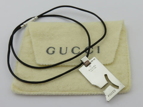 Gucci Sterling Silver Pisces Pendant Black Leather Cord Unisex Necklace