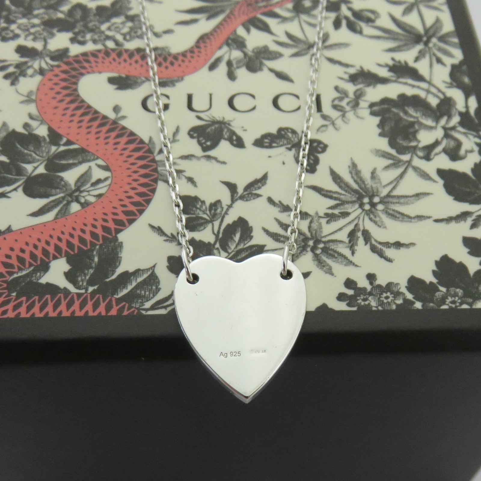 Gucci 925 Sterling Silver Trademark Heart Pendant Necklace Authentic with Box