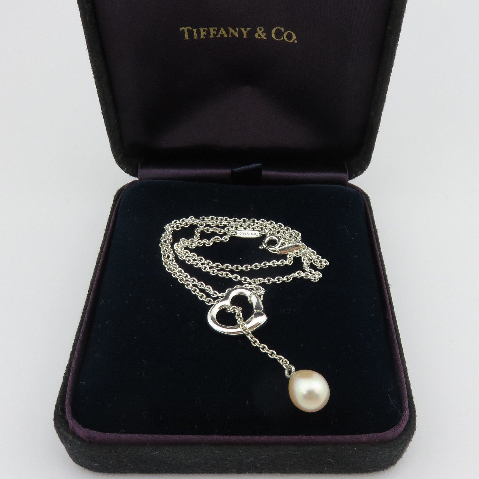 TIFFANY & CO 925 Silver Open Heart 9 mm Pearl Lariat Necklace w/ Jewelry Box