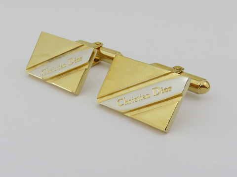 Christian Dior Gold Silver Tone Metal Logo Rectangle Cufflinks