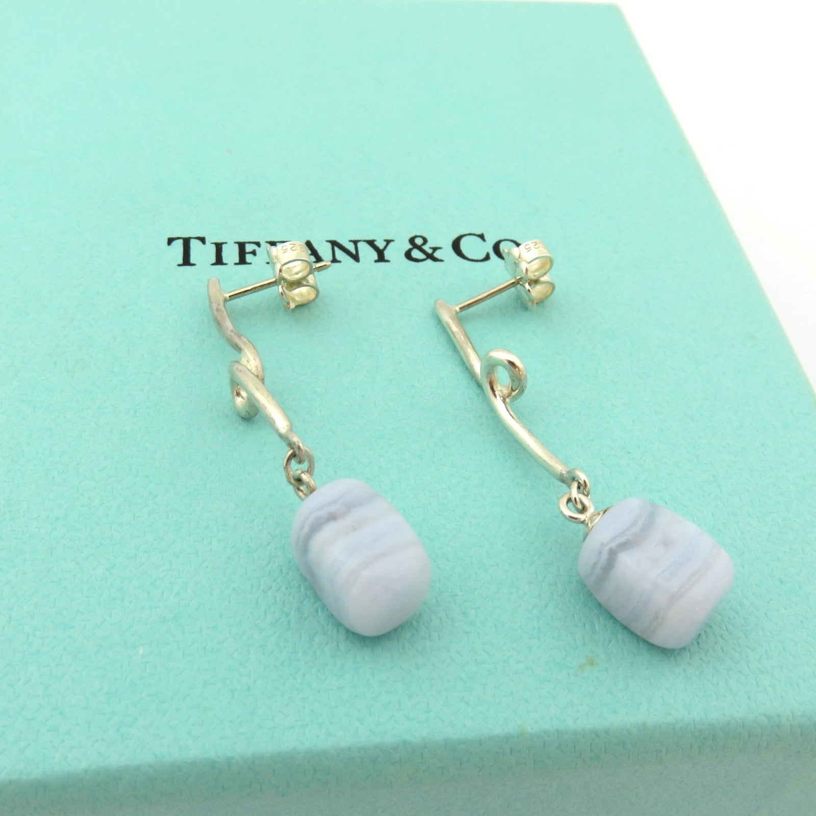 TIFFANY & CO 925 Silver Blue Lace Agate Twist Dangle Drop Earring with Box Rare