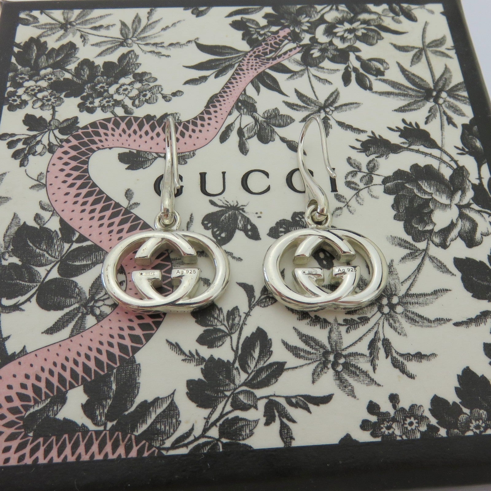 Gucci 925 Silver Interlocking G Dangle Earrings Authentic with Box Italy