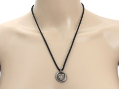 Gucci Sterling Silver Woven Black Leather with Crest Tag Pendant Necklace