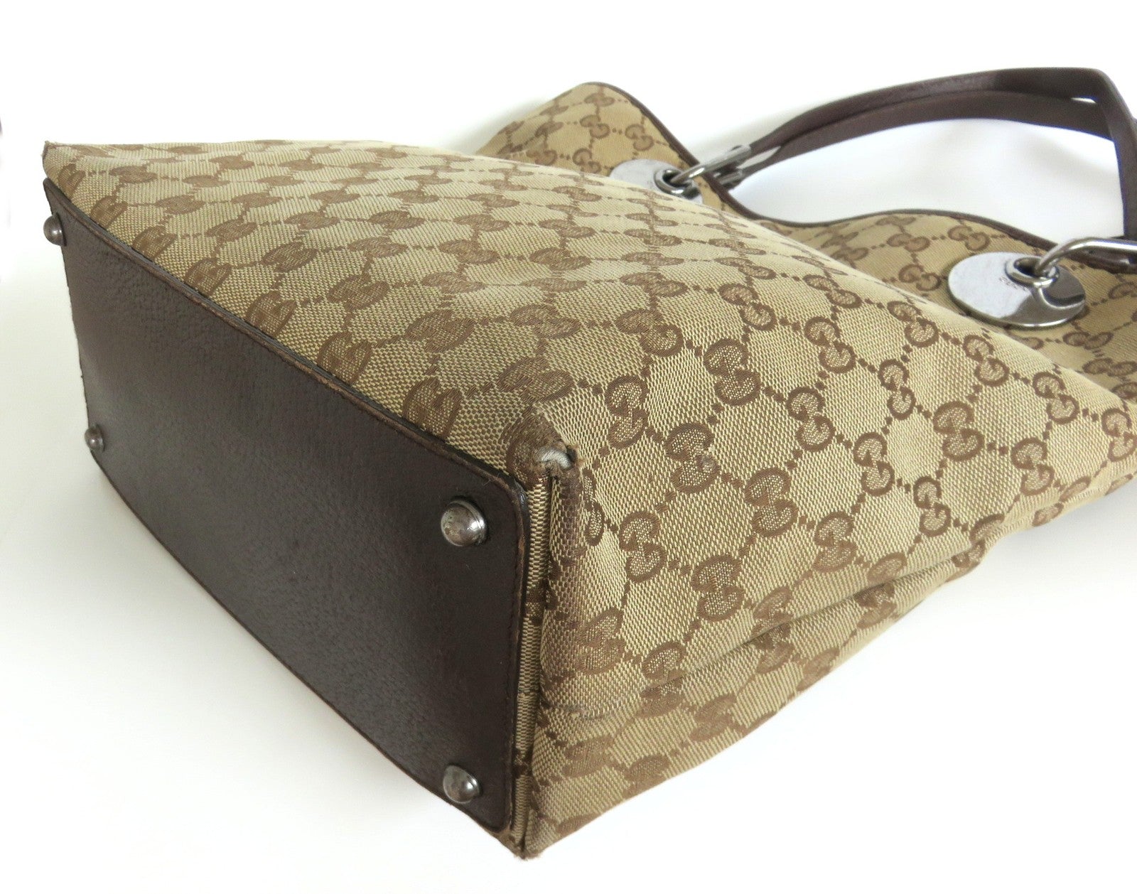 GUCCI Brown Original GG Canvas Leather Tote Handbag Shoulder Bag Purse