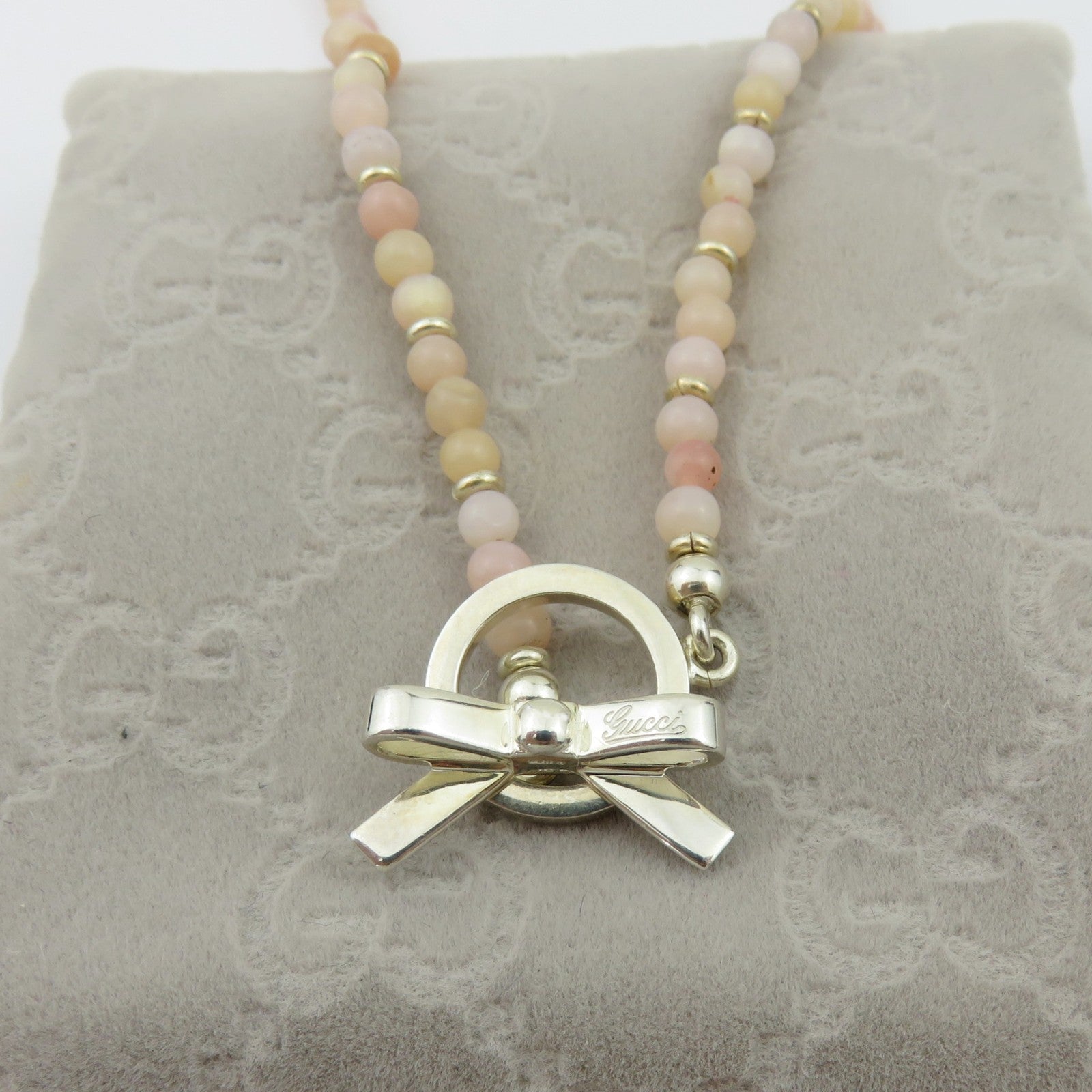 GUCCI 925 Sterling Silver Beads Ribbon Toggle Choker Necklace Authentic w/ Pouch