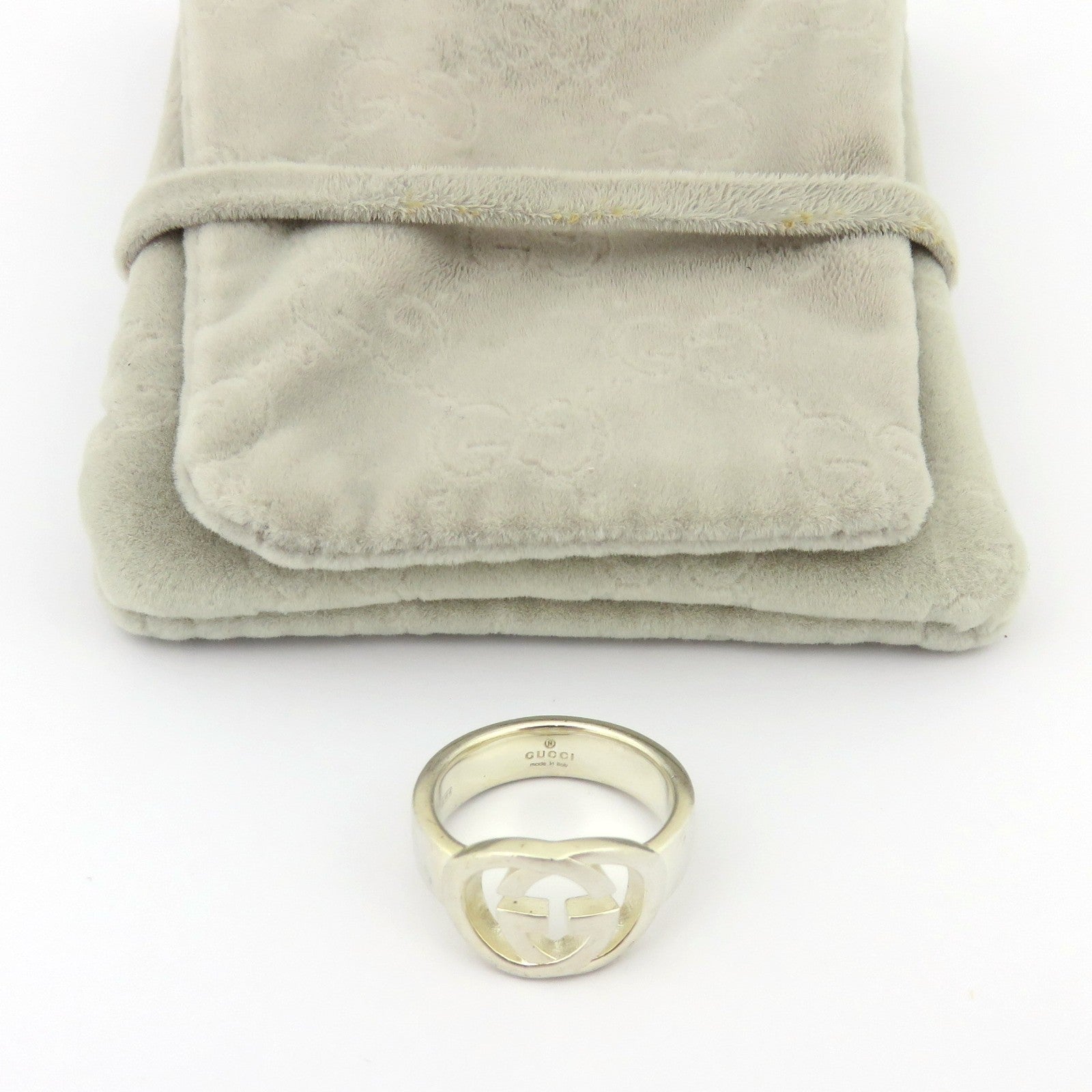 GUCCI 925 Sterling Silver Interlocking G Logo Ring Size 4.5 Authentic with Pouch