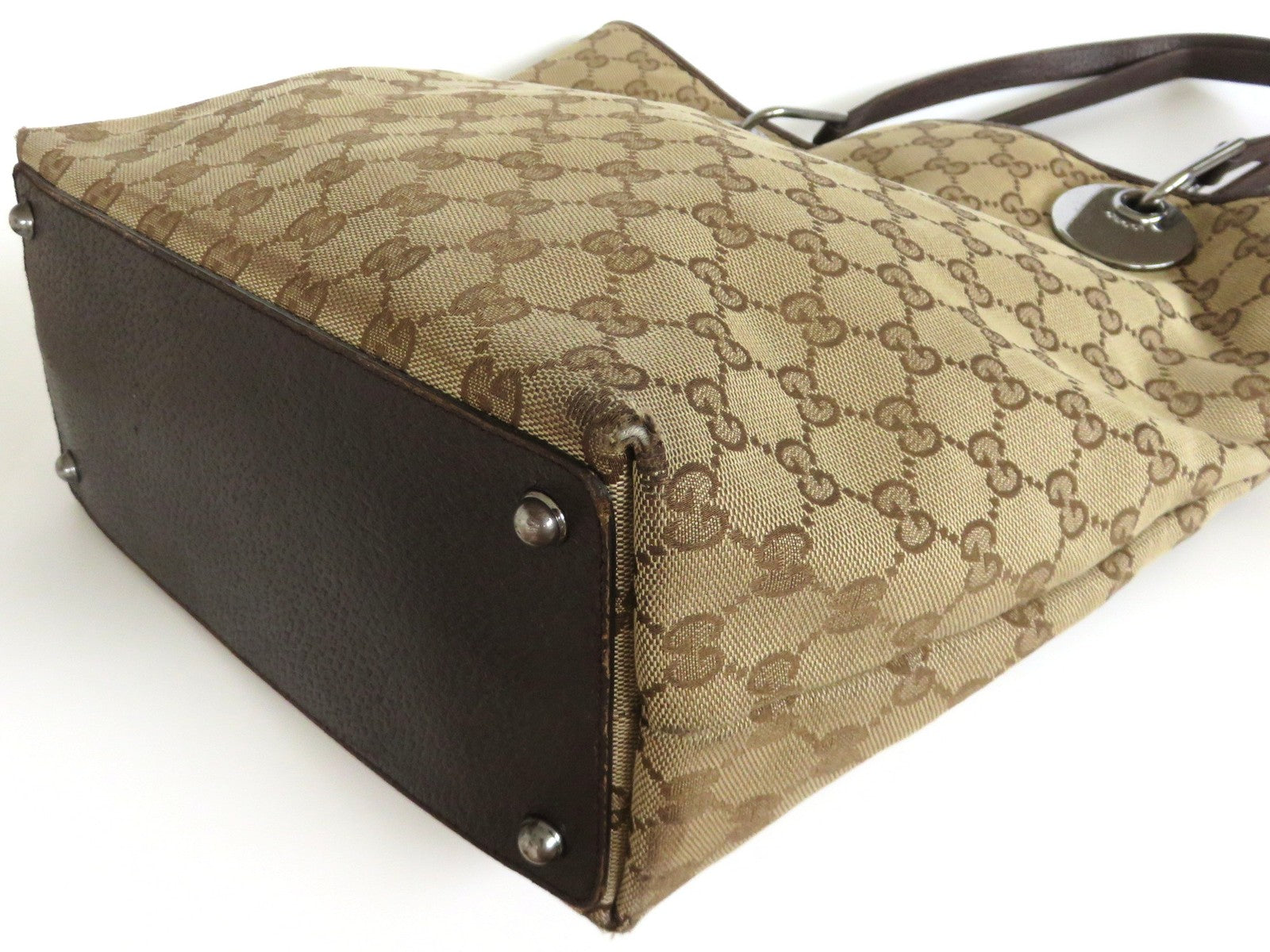 GUCCI Brown Original GG Canvas Leather Tote Handbag Shoulder Bag Purse