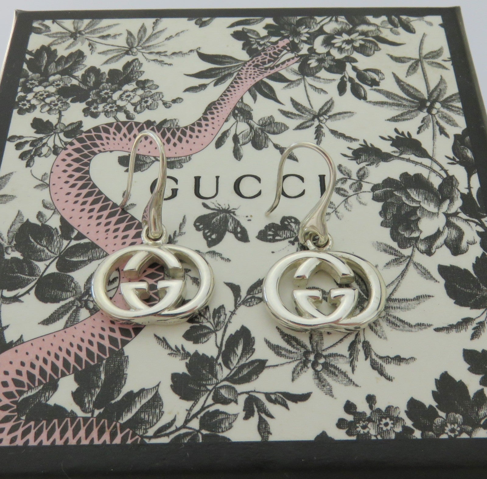 Gucci 925 Silver Interlocking G Dangle Earrings Authentic with Box Italy