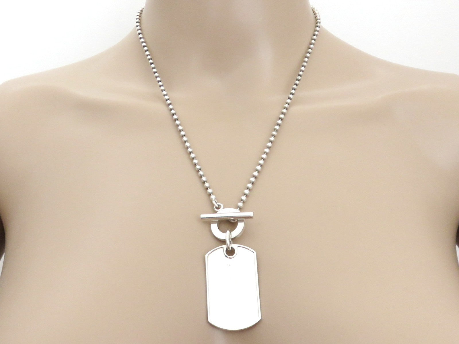 Gucci Sterling Silver Logo Bar Dog Tag Ball Chain Unisex Toggle Pendant Necklace