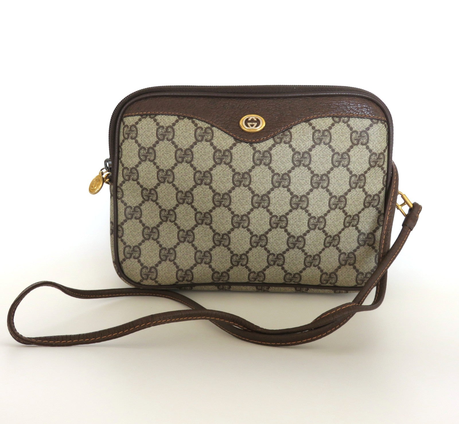 GUCCI Vintage Brown GG Monogram Canvas Leather Cross Body Bag Purse Authentic