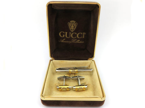 Gucci Vintage Gold Silver Tone Metal GG Logo Cufflinks Tie Clip Set
