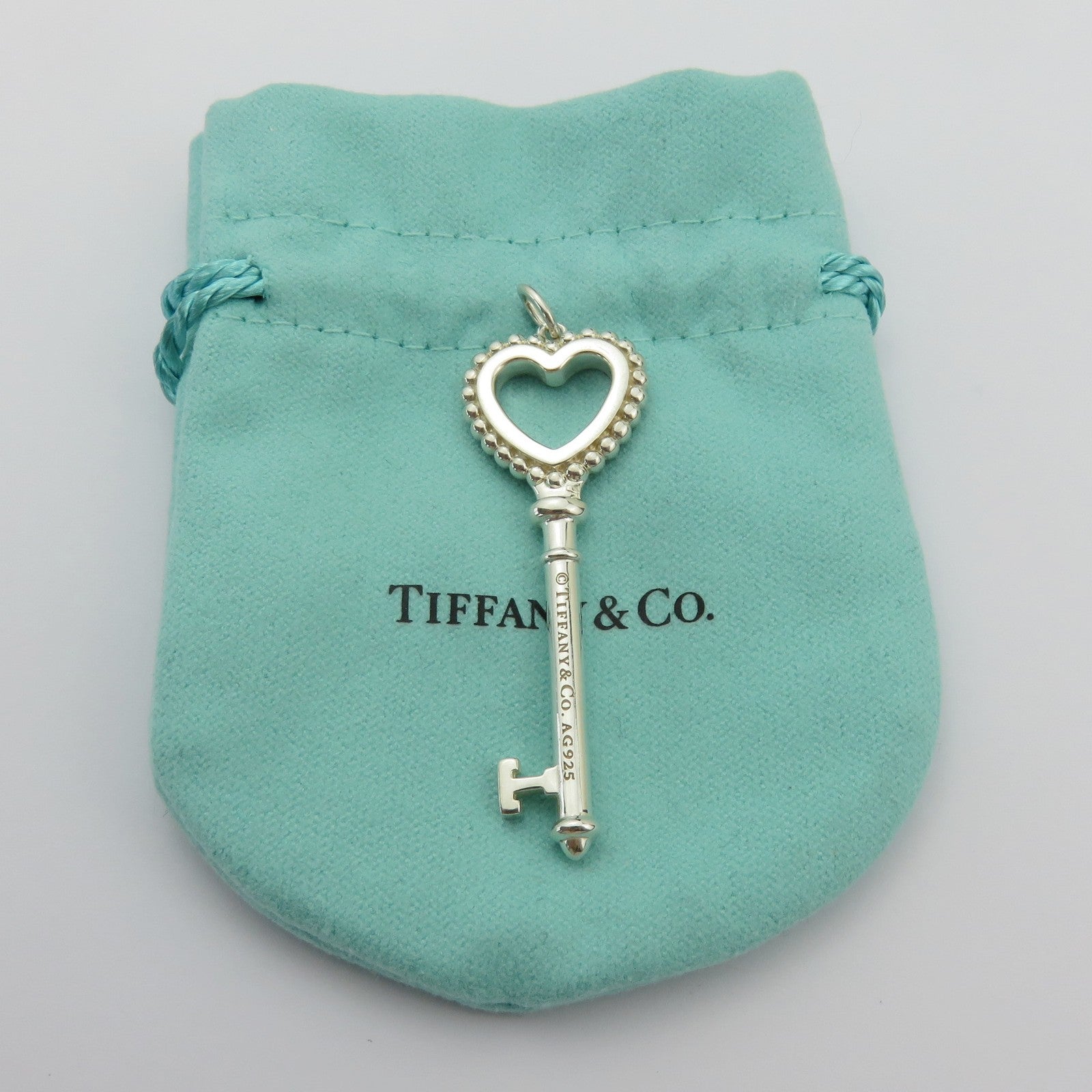Tiffany & Co 925 Silver Blue Enamel Large Beaded Heart Key Pendant Charm Pouch