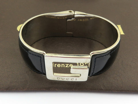 GUCCI Black Leather Silver Tone Metal G Logo Bangle Bracelet