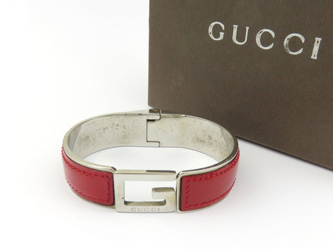 GUCCI Red Leather Metal G Logo Bangle Bracelet