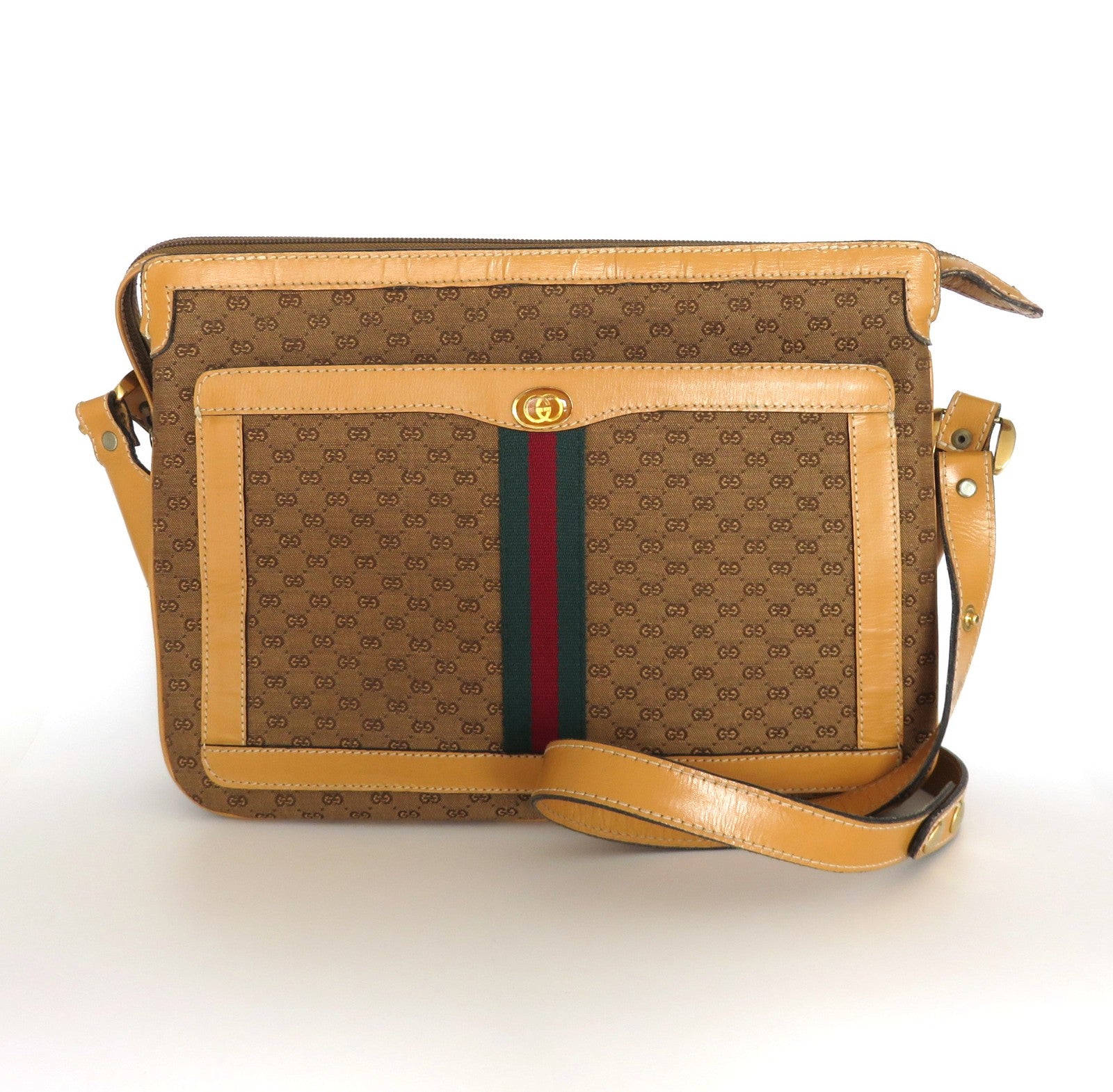 GUCCI Vintage Brown GG Monogram Canvas Leather Unisex Shoulder Bag Authentic