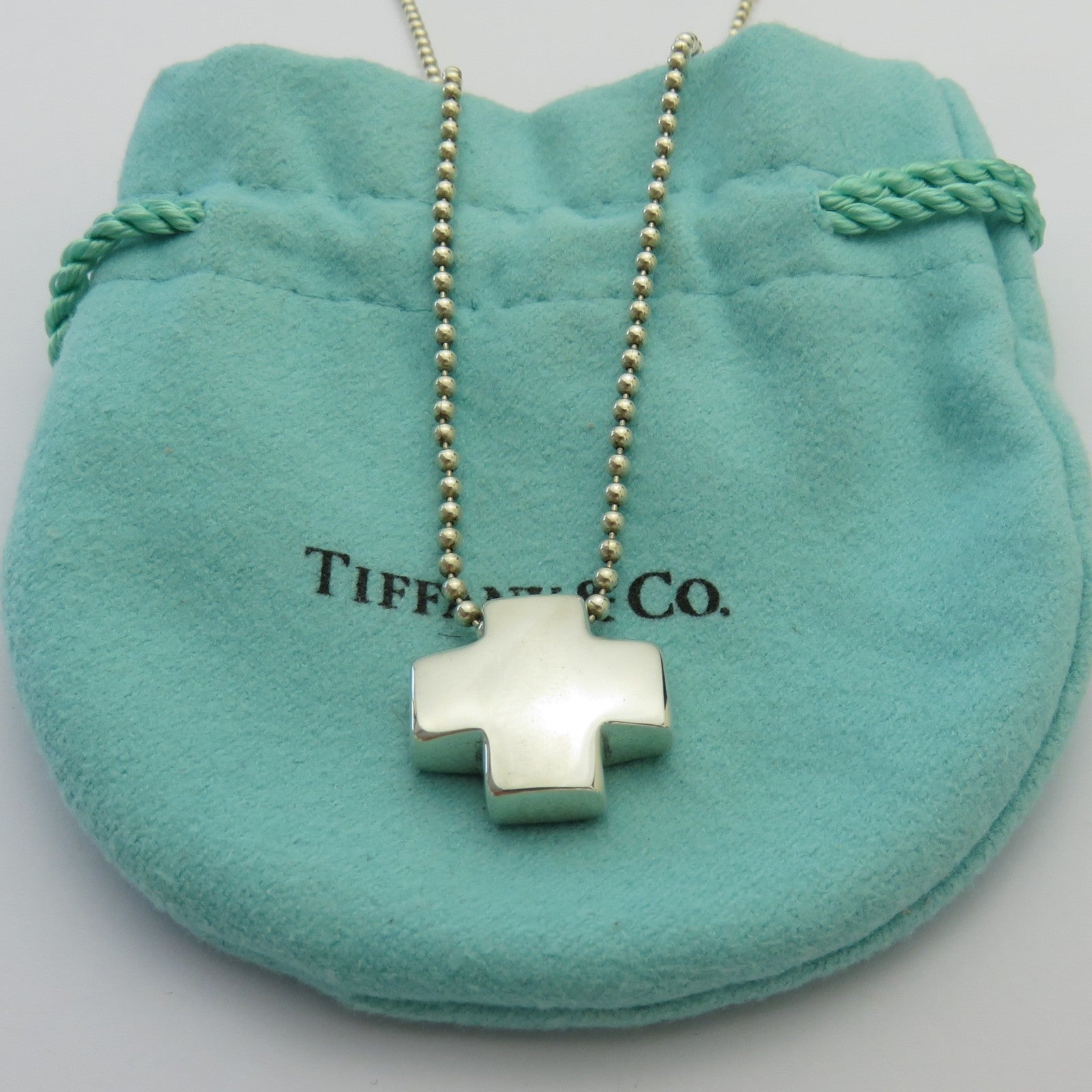 TIFFANY & CO 925 Sterling Silver Cross Bead Chain Pendant Necklace