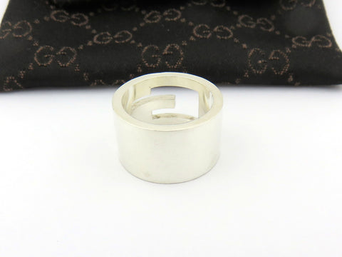GUCCI Sterling Silver Stencil G Logo Wide Band Ring Size 5.75