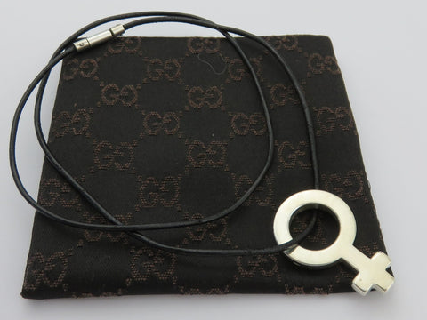 Gucci Sterling Silver Female Symbol Pendant Black Leather Cord Necklace