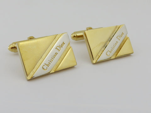 Christian Dior Gold Silver Tone Metal Logo Rectangle Cufflinks