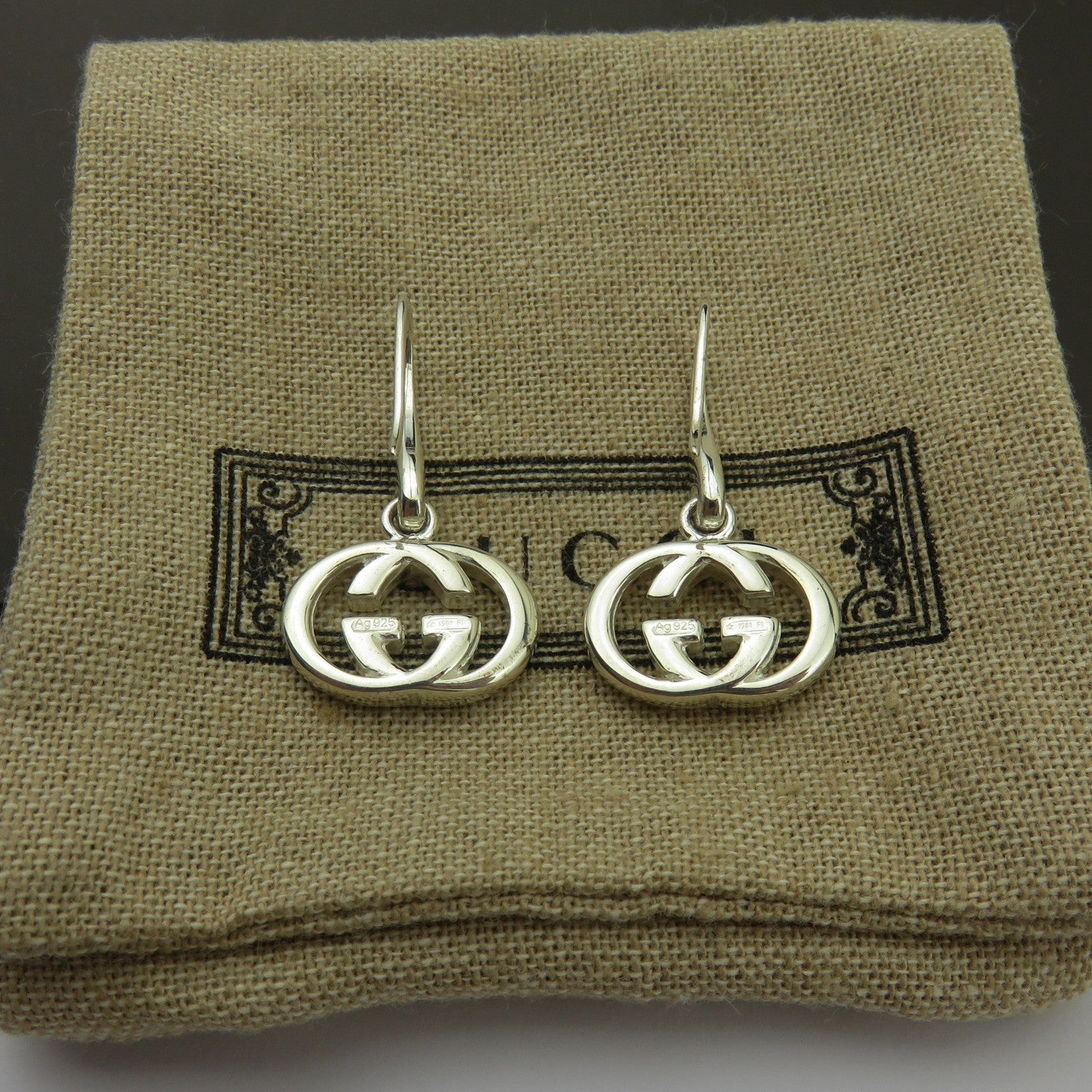Gucci 925 Sterling Silver Interlocking G Dangle Earrings Authentic w/ Pouch Bag
