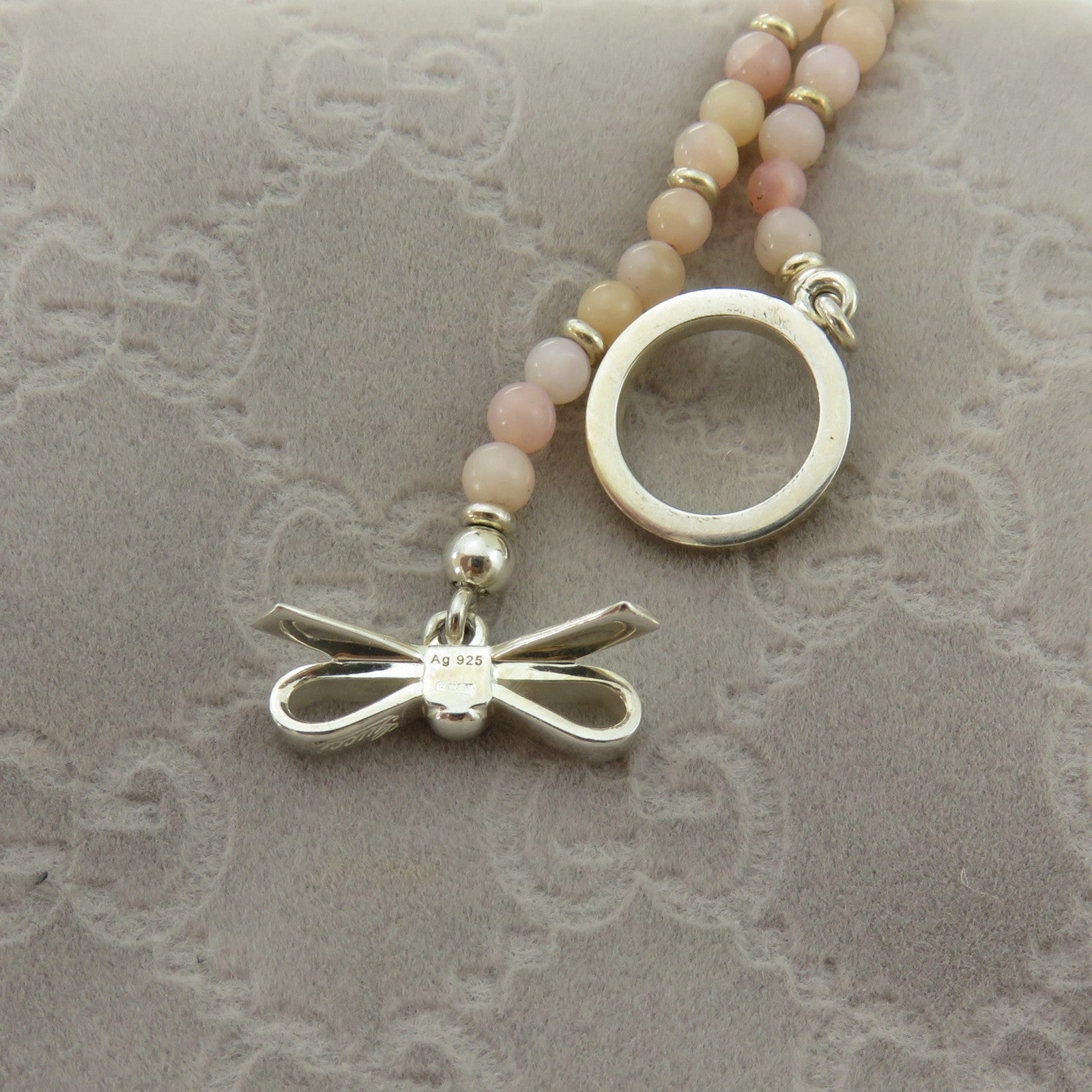 GUCCI 925 Sterling Silver Beads Ribbon Toggle Choker Necklace Authentic w/ Pouch