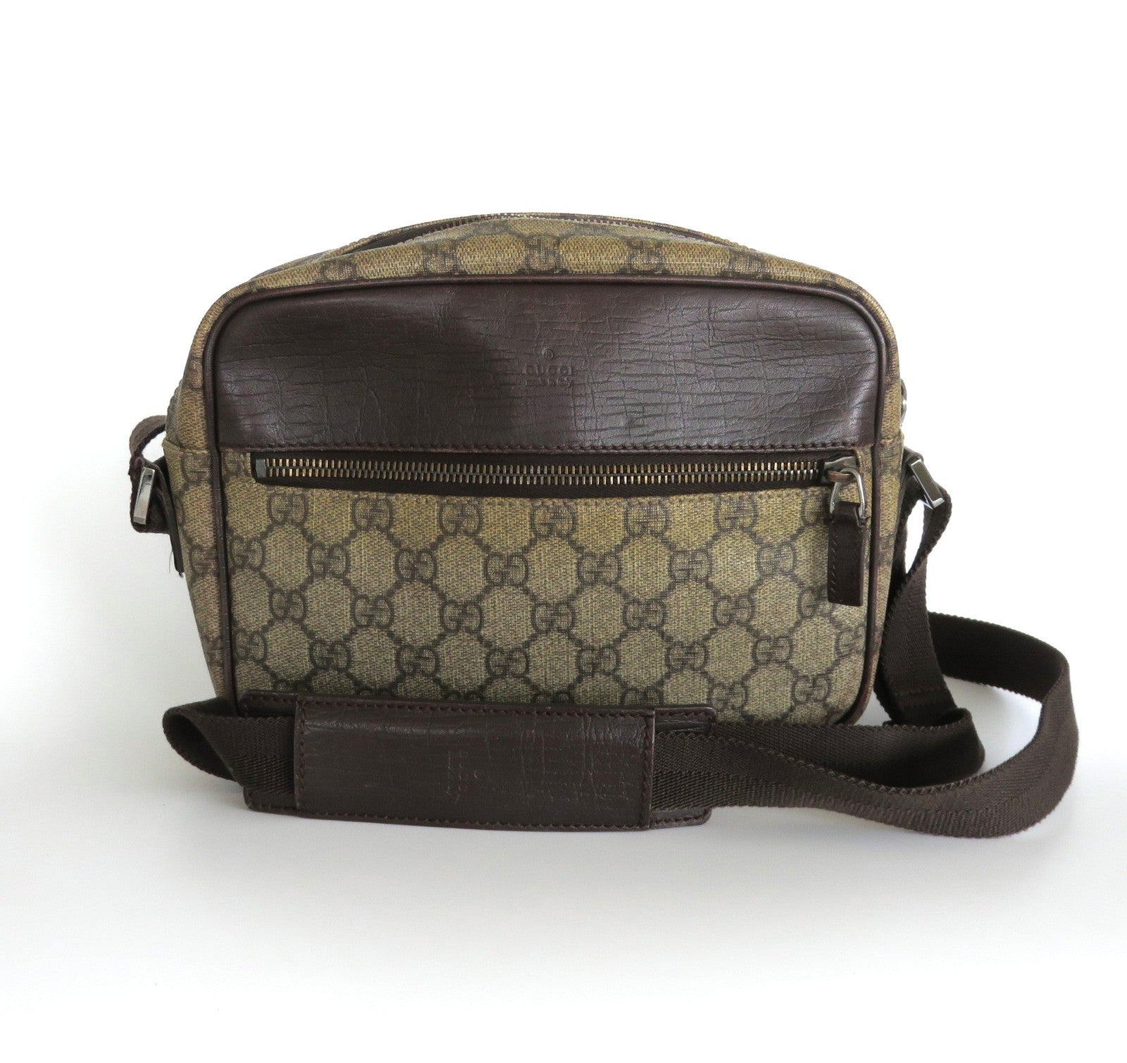 Authentic GUCCI Brown GG Monogram Canvas Leather Unisex Cross Body Bag Purse