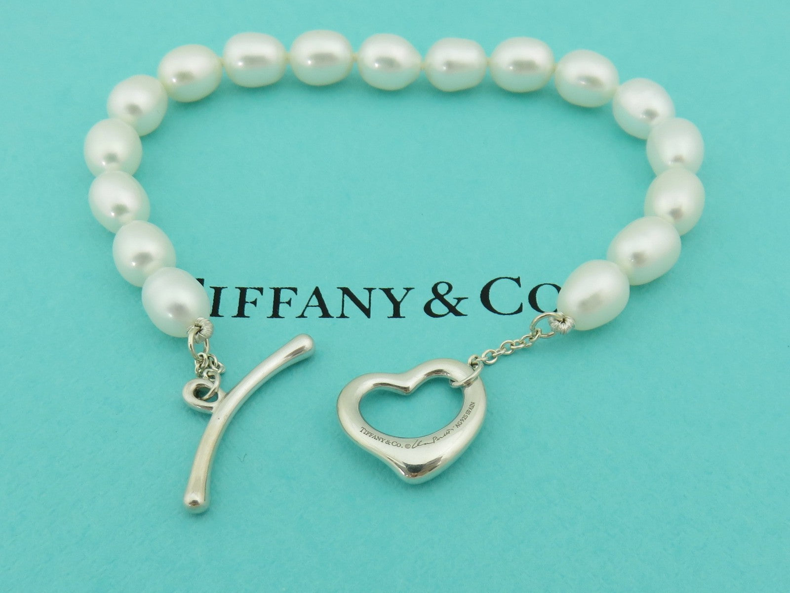 TIFFANY & CO Sterling Silver Open Heart Pearl Toggle Bracelet RRP AU$2350