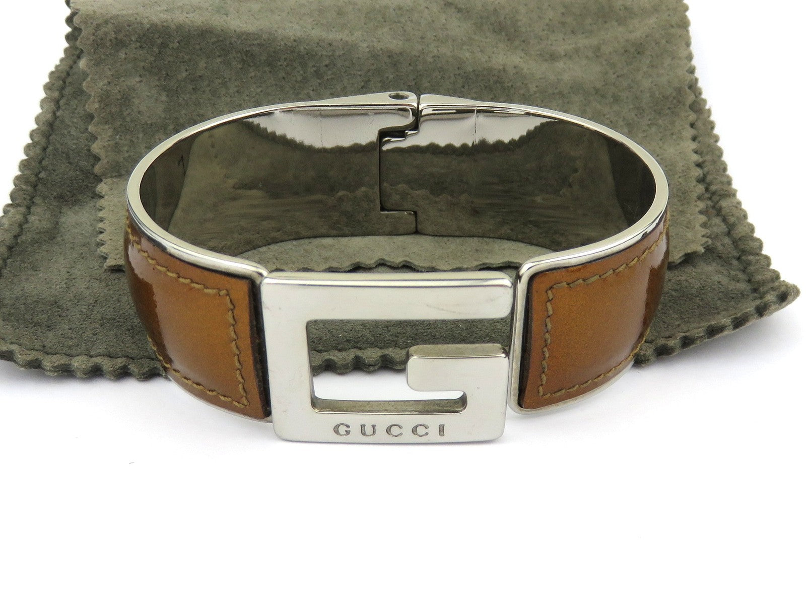 GUCCI Golden Brown Leather Metal G Logo Bangle Bracelet Price Includes US Tariff