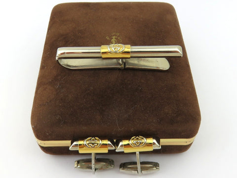 Gucci Vintage Gold Silver Tone Metal GG Logo Cufflinks Tie Clip Set