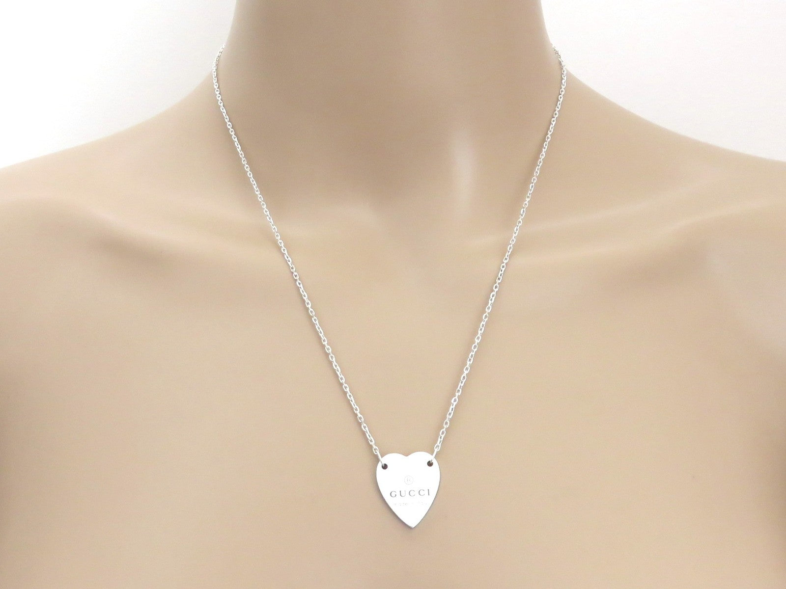 Gucci 925 Sterling Silver Trademark Heart Pendant Necklace Authentic with Pouch