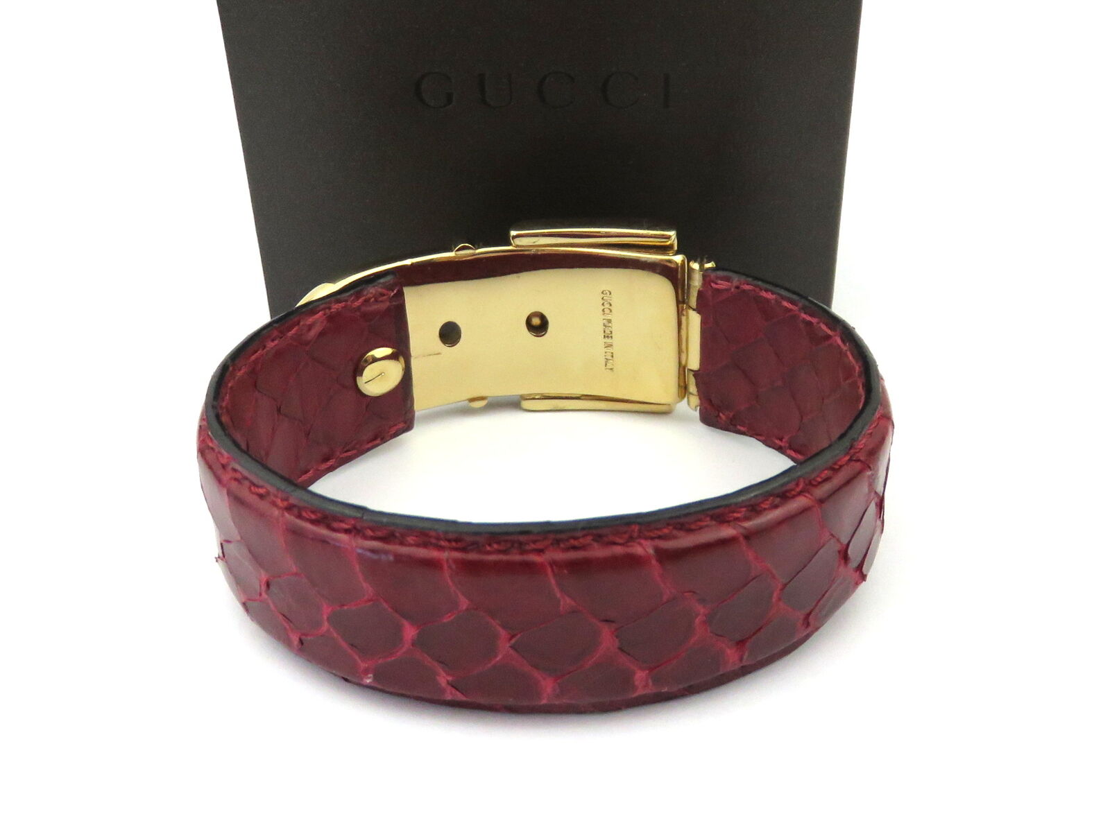 GUCCI Red Leather Gold Tone Metal Belt Bangle Bracelet