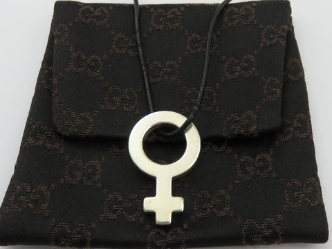 Gucci Sterling Silver Female Symbol Pendant Black Leather Cord Necklace