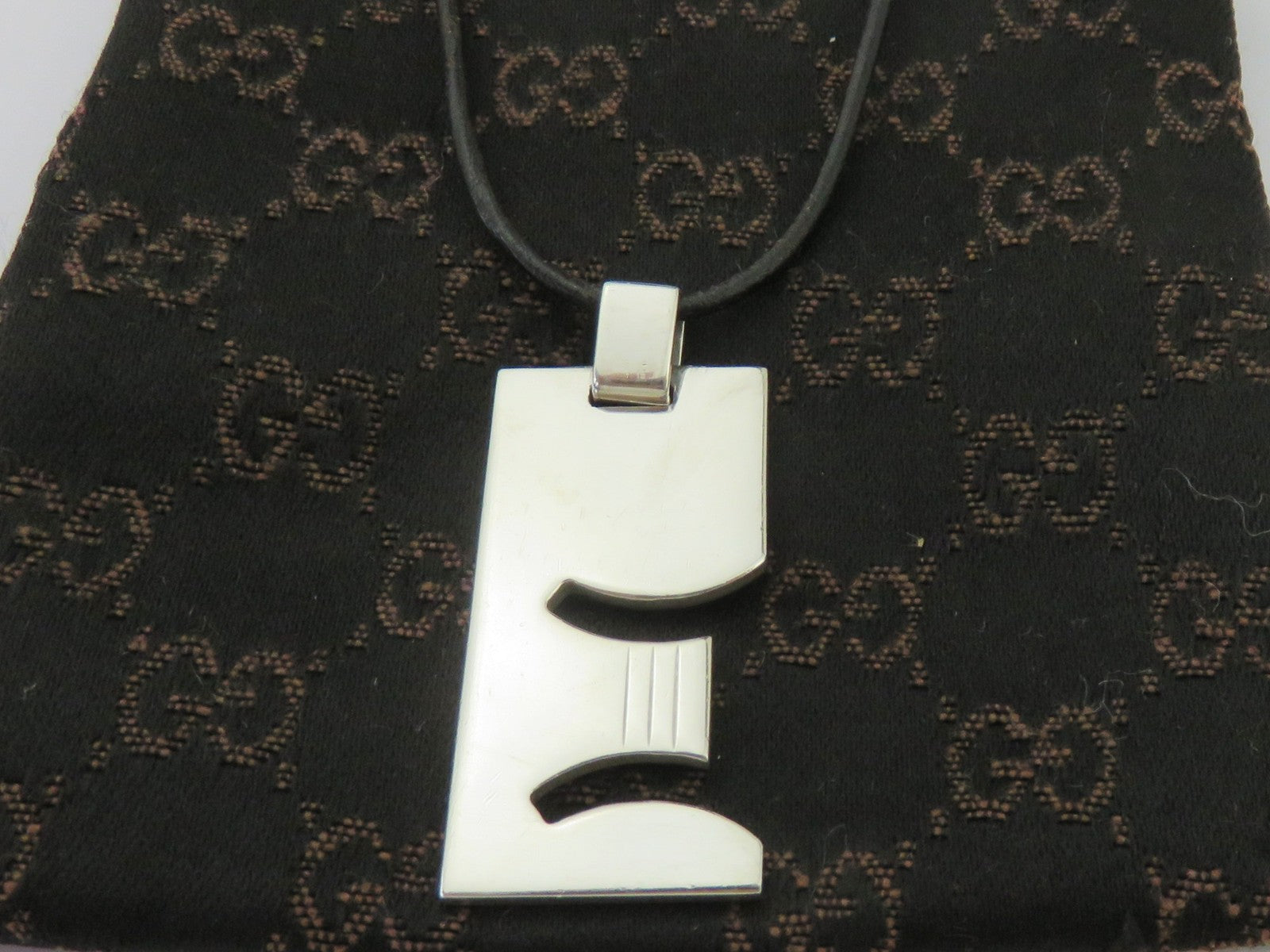 Gucci Sterling Silver GEMINI Pendant Black Leather Cord Necklace
