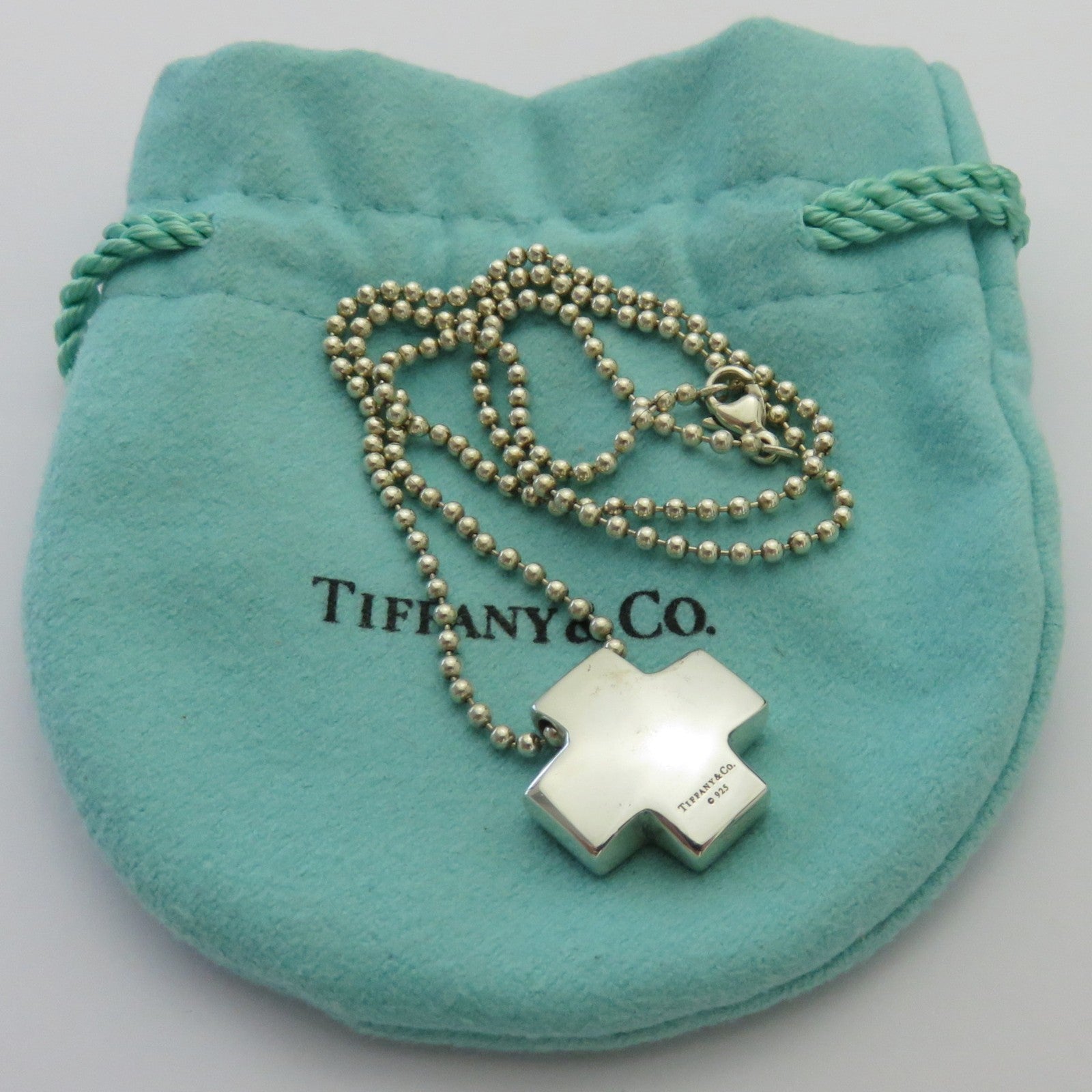 TIFFANY & CO 925 Sterling Silver Cross Bead Chain Pendant Necklace