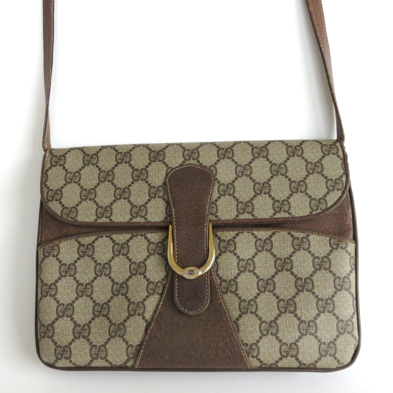 Gucci Vintage Brown GG Monogram Canvas Leather Convertible Shoulder Bag Clutch
