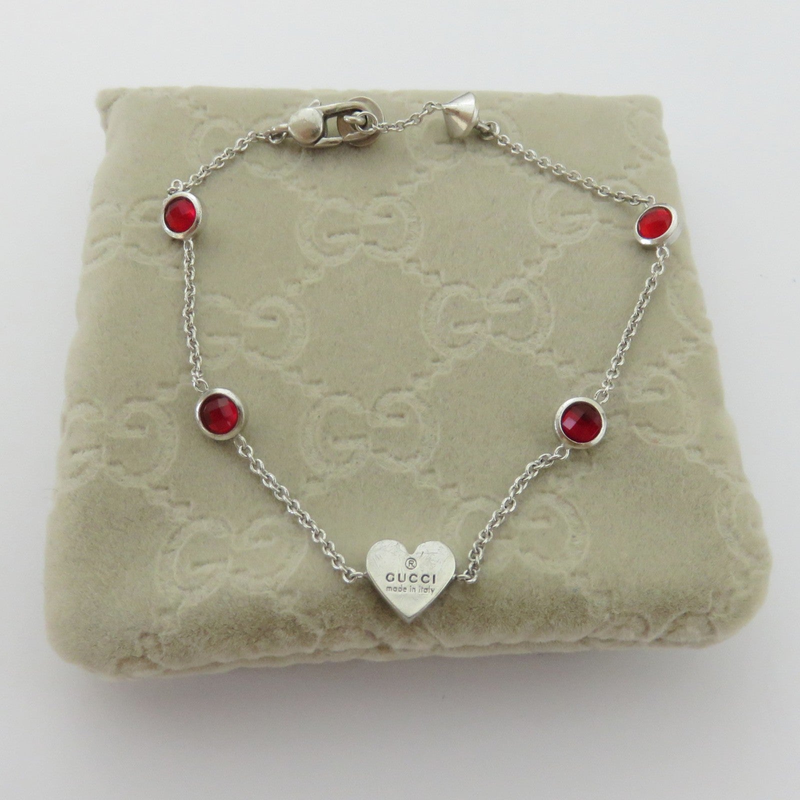 Gucci 925 Sterling Silver 4 Stone Links Heart Tag Bracelet with Pouch